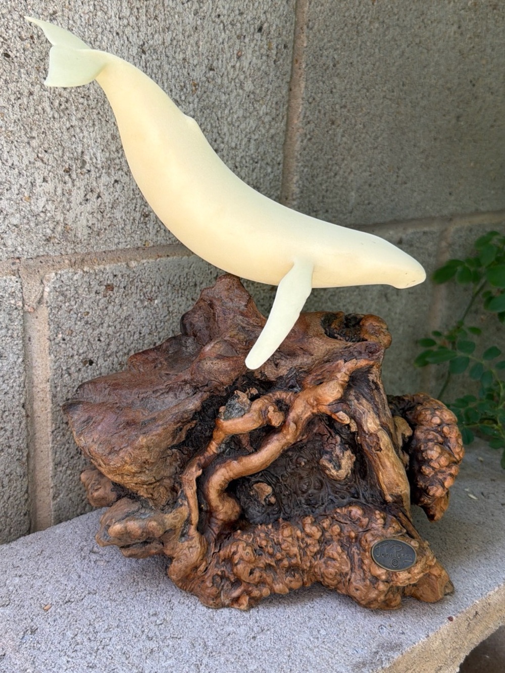 Vintage John Perry Whale Pellucida Resin Sculpture on Natural Burl Wood